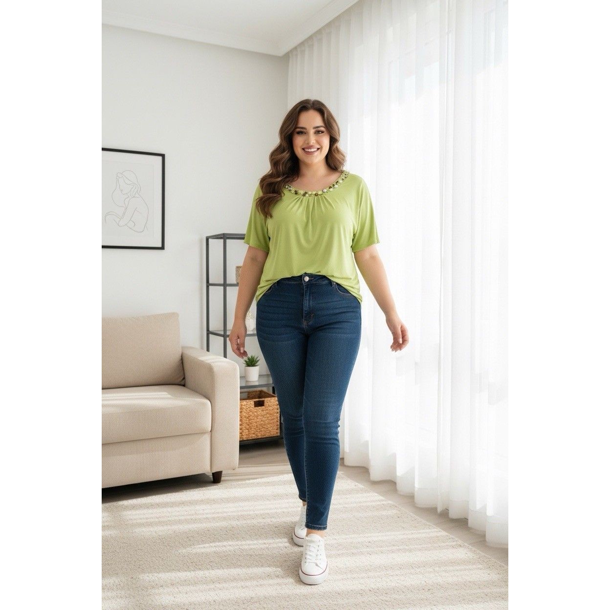 Susan Graver Green Lime Women’s Plus Size 2x Blouse Beaded Embellishment Easter